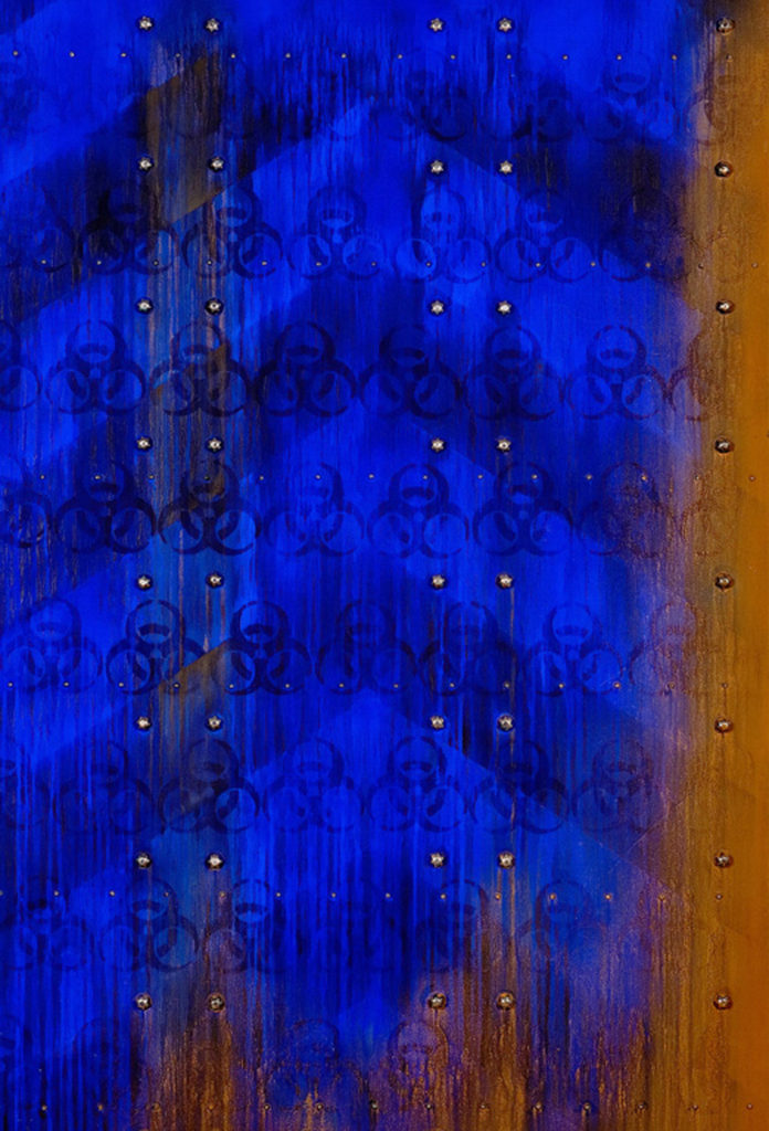 <strong>Blue Hazard (2010)</strong><br>
56”Hx40”Wx1”D<br>
Oil, Ink, Glazed Ceramic on Paper