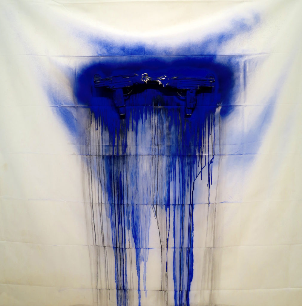 <strong>Blue Blood #2 (2015)</strong><br>
60”Hx40”Wx2 1/2”D<br>
Oil Paint on Vinyl Shower Curtain, Glazed Ceramic