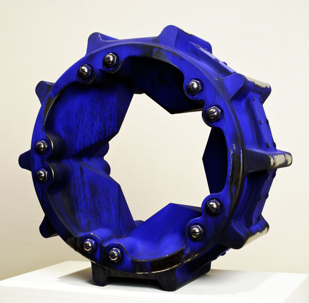 <strong>Blue Rotor (2011)</strong><br>
22”Hx22”Wx16”D<br>
Oil Painted, Glazed Ceramic