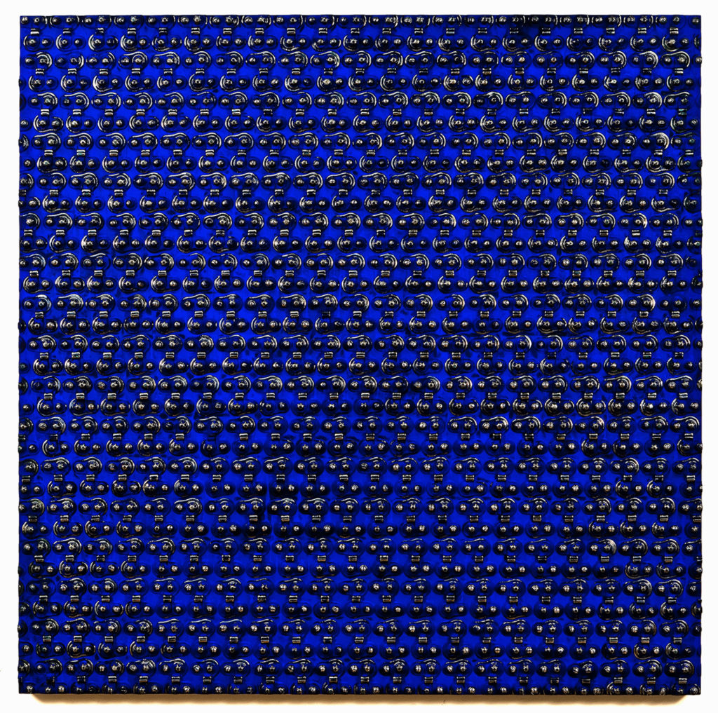 <strong>Blue Panel (2011)</strong><br>
61”Hx60”Wx4”D<br>
Oil Painted, Glazed Ceramic on Wood<br>
Private -- Collection
