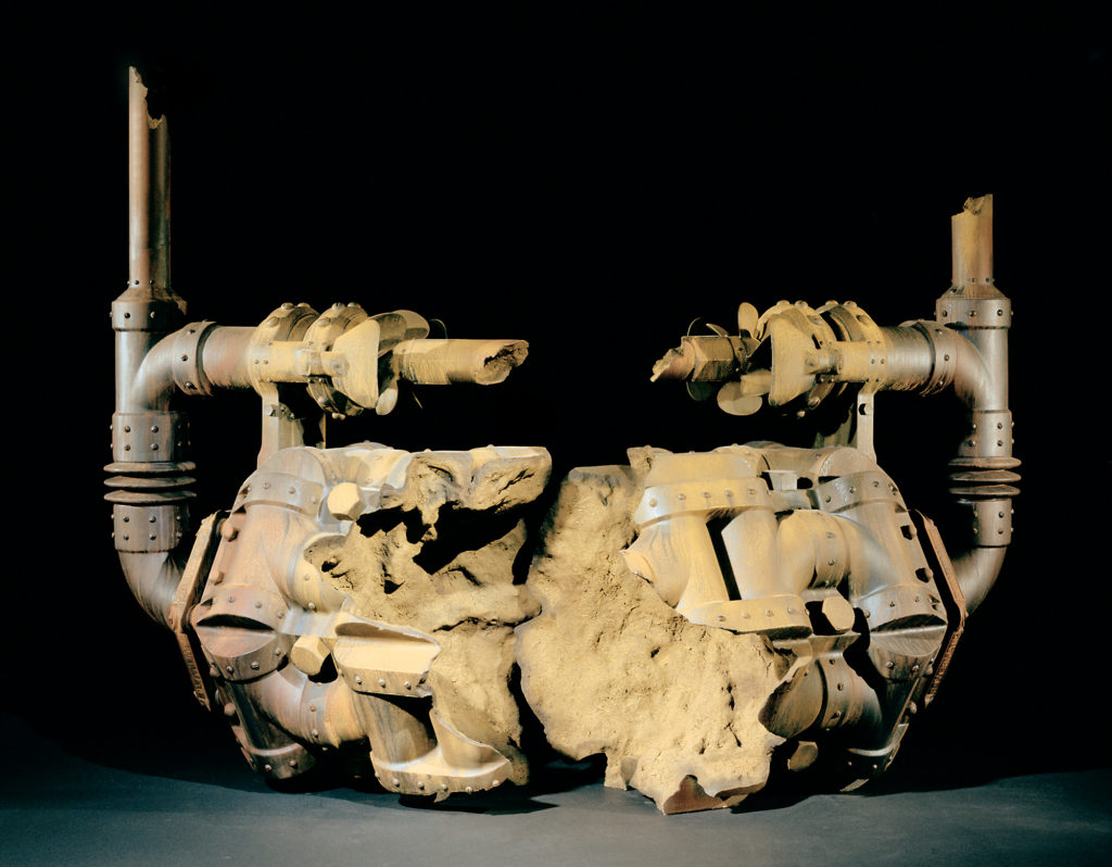 <strong>Divergent C (1997)</strong><br>
45”Hx57”Wx27”D<br>
Oil Painted Ceramic<br>
-- Collection: Icheon World Ceramics Center, Icheon, South Korea